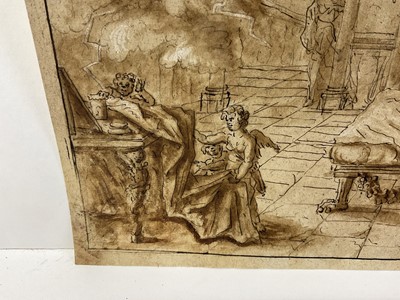 Lot 57 - Attributed to Louis Pierre Boitard (18th century), pen and ink and sepia wash, The sick man and the Angel (Aesop's fables) 22 x 27cm, inscribed in later hand to rear 'L P Boitard 1738'