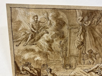 Lot 57 - Attributed to Louis Pierre Boitard (18th century), pen and ink and sepia wash, The sick man and the Angel (Aesop's fables) 22 x 27cm, inscribed in later hand to rear 'L P Boitard 1738'