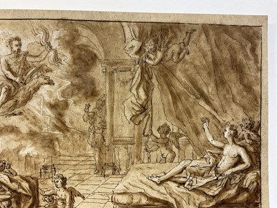 Lot 57 - Attributed to Louis Pierre Boitard (18th century), pen and ink and sepia wash, The sick man and the Angel (Aesop's fables) 22 x 27cm, inscribed in later hand to rear 'L P Boitard 1738'