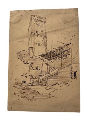 Lot 58 - Edward Lear (1812-1888) pen and ink, 'Ravello, 9 June 1844', 16 x 12cm, mounted but unframed. NB: Lear was in the area on Ravello on this date, evidenced by other works from June 1844 including pen...