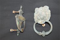 Lot 2130 - Brass door knocker, together with a lion mask...