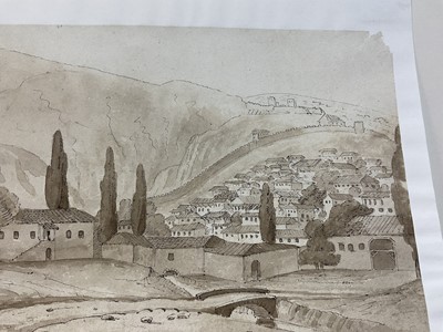 Lot 59 - 18th century school, pen and sepia wash 'Livadea', 16 x 22cm, mounted but unframed
