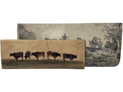 Lot 61 - 19th century watercolour depiction of cattle, signed and dated 'Arthur 1845', 12 x 30cm, together with an 18th century monotone scene of cattle crossing a bridge. (2)