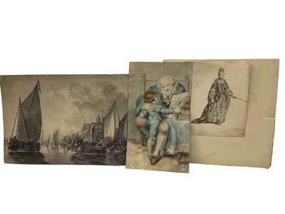 Lot 62 - 18th century pen and monotone wash depicting Queen Mary II, 16 x 11cm, together with monotone depiction of a bustling continental river, also watercolour depiction of a boy and his grandfather. (3)