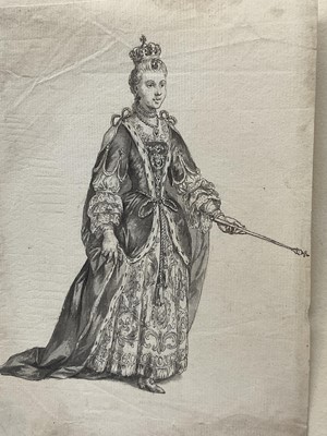 Lot 62 - 18th century pen and monotone wash depicting Queen Mary II, 16 x 11cm, together with monotone depiction of a bustling continental river, also watercolour depiction of a boy and his grandfather. (3)