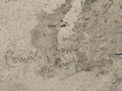 Lot 62 - 18th century pen and monotone wash depicting Queen Mary II, 16 x 11cm, together with monotone depiction of a bustling continental river, also watercolour depiction of a boy and his grandfather. (3)