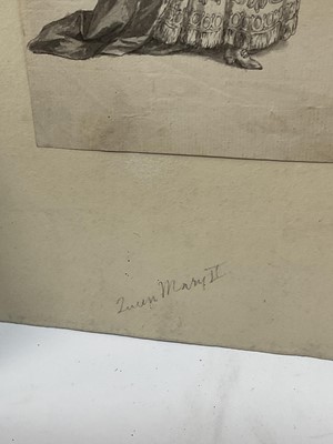 Lot 62 - 18th century pen and monotone wash depicting Queen Mary II, 16 x 11cm, together with monotone depiction of a bustling continental river, also watercolour depiction of a boy and his grandfather. (3)