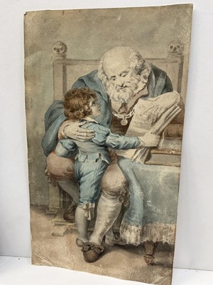 Lot 62 - 18th century pen and monotone wash depicting Queen Mary II, 16 x 11cm, together with monotone depiction of a bustling continental river, also watercolour depiction of a boy and his grandfather. (3)