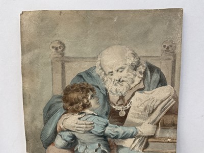 Lot 62 - 18th century pen and monotone wash depicting Queen Mary II, 16 x 11cm, together with monotone depiction of a bustling continental river, also watercolour depiction of a boy and his grandfather. (3)