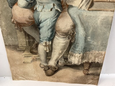 Lot 62 - 18th century pen and monotone wash depicting Queen Mary II, 16 x 11cm, together with monotone depiction of a bustling continental river, also watercolour depiction of a boy and his grandfather. (3)