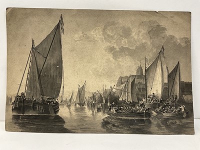 Lot 62 - 18th century pen and monotone wash depicting Queen Mary II, 16 x 11cm, together with monotone depiction of a bustling continental river, also watercolour depiction of a boy and his grandfather. (3)
