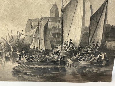 Lot 62 - 18th century pen and monotone wash depicting Queen Mary II, 16 x 11cm, together with monotone depiction of a bustling continental river, also watercolour depiction of a boy and his grandfather. (3)