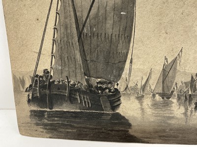 Lot 62 - 18th century pen and monotone wash depicting Queen Mary II, 16 x 11cm, together with monotone depiction of a bustling continental river, also watercolour depiction of a boy and his grandfather. (3)