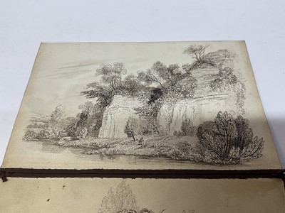 Lot 64 - Manner of Birkett Foster, pen and ink, a folding love token, comprising five delicate landscape views and hand written poem, the whole 35 x 34cm