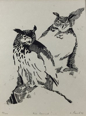 Lot 792 - Limited edition print of Horned Owls, a Cyril Laubscher Barn Owl and a framed watercolour of a Tiger’s Head