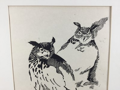 Lot 792 - Limited edition print of Horned Owls, a Cyril Laubscher Barn Owl and a framed watercolour of a Tiger’s Head