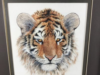 Lot 792 - Limited edition print of Horned Owls, a Cyril Laubscher Barn Owl and a framed watercolour of a Tiger’s Head