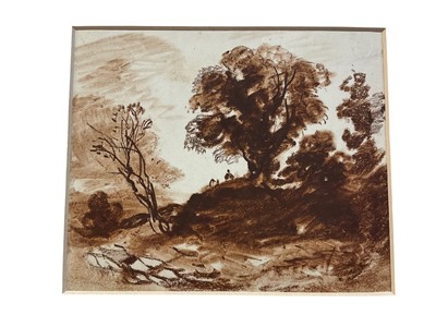 Lot 132 - Manner of Alexander Cozens (1717-1786) monotone study of figures in a landscape, 14 x 16cm, mounted