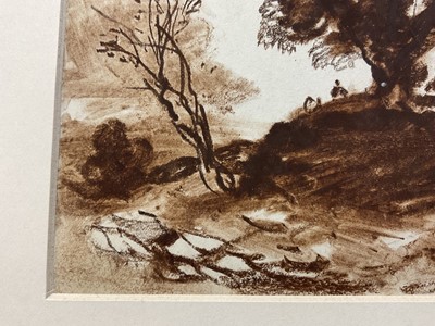 Lot 132 - Manner of Alexander Cozens (1717-1786) monotone study of figures in a landscape, 14 x 16cm, mounted