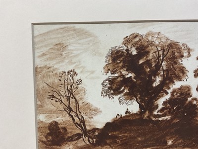 Lot 132 - Manner of Alexander Cozens (1717-1786) monotone study of figures in a landscape, 14 x 16cm, mounted