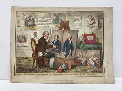 Lot 71 - After James Gillray, three hand-coloured etchings: Two Pairs of Portraits..., Meeting of unfortunate citoyens, Sandwich carrots. (3)