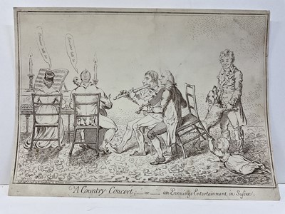 Lot 71 - After James Gillray, three hand-coloured etchings: Two Pairs of Portraits..., Meeting of unfortunate citoyens, Sandwich carrots. (3)