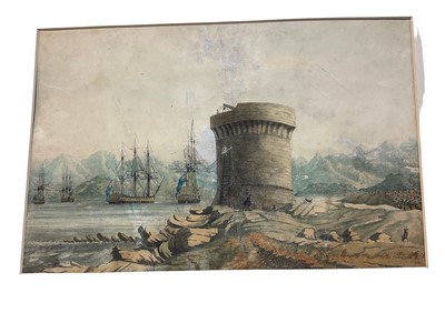 Lot 73 - English School, early 19th century, watercolour, Naval ships off of a foreign outpost, 24 x 38cm