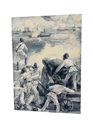 Lot 75 - English School, late 19th century watercolour - Egyptian Patriots Defending Alexandria During The Bombardment By The British Mediterranean Fleet In 1882, illustration published in Famous Men And Gr...