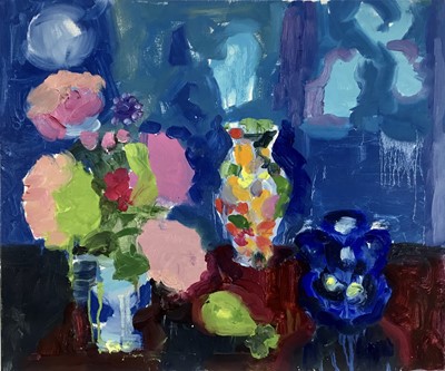 Lot 163 - Annelise Firth (b.1961) oil on canvas - ‘Pink and Blue Still Life’, signed titled and dated 2023, 50cm x 60cm, unframed