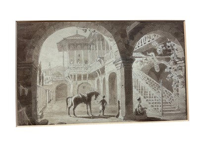Lot 86 - Attributed to Hugh William Grecian Williams (1773-1829) monochrome wash, Turkish courtyard, 10 x 17cm