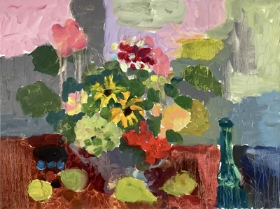 Lot 161 - Annelise Firth (b.1961) oil on canvas - 'Still Life with Dahlia', signed titled and dated 2023 verso, 46cm x 61cm, unframed