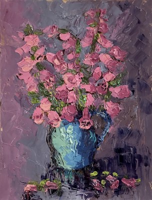 Lot 162 - Annelise Firth (b.1961) oil on canvas - 'Foxgloves After Nancy Kominsky ', signed titled and dated 2022 verso, 46cm x 35cm, unframed