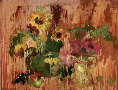 Lot 101 - Annelise Firth (b.1961) oil on canvas - Still life with sunflowers, signed and dated 2022 verso, 35cm x 46cm, unframed