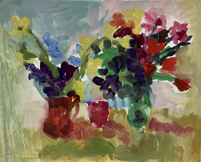Lot 156 - Annelise Firth (b.1961) oil on canvas - 'Spring Arrangements', signed titled and dated 2023 verso, 40cm x 50cm, unframed