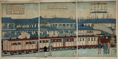 Lot 179 - Utagana Hiroshige III, Japanese woodblock triptych - A Station, possibly Yokohama, circa 1870, not laid down, each 35cm x 23.5cm