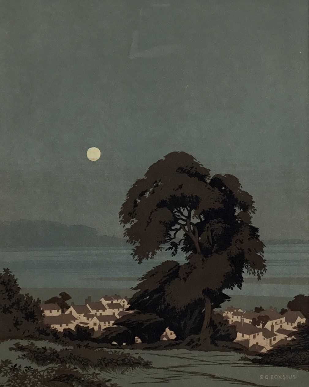 Lot 80 - Sylvan G Boxsius, woodcut print - Evening Afterglow, 1932, 34cm x 27cm, framed