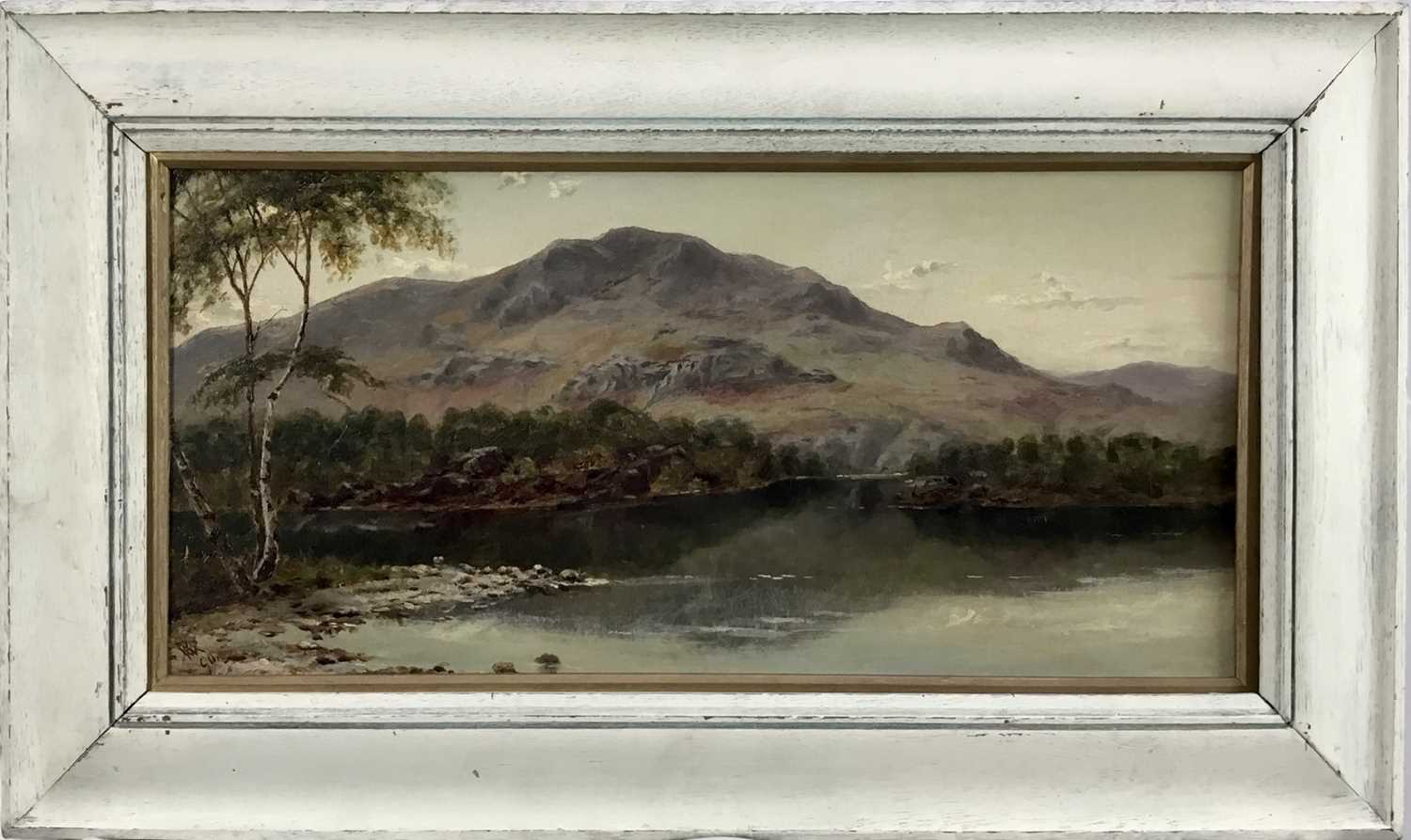 Lot 62 - Probably W. Mathieson, 19th century oil on canvas, Highland scene, monogrammed, dated (18) '90?, relined, 23cm x 48.5cm, framed