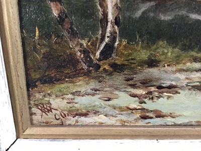 Lot 62 - Probably W. Mathieson, 19th century oil on canvas, Highland scene, monogrammed, dated (18) '90?, relined, 23cm x 48.5cm, framed