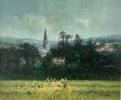 Lot 119 - Laszlo Ritter (1937-2003) oil on canvas - Playing fields Lostwithiel, signed, dated 1995 verso, 51cm x 61cm