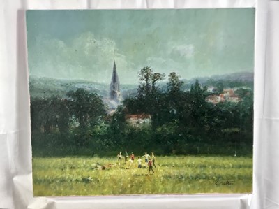 Lot 65 - Laszlo Ritter (1937-2003) oil on canvas - Playing fields Lostwithiel, signed, dated 1995 verso, 51cm x 61cm