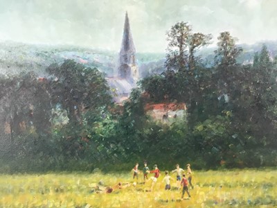 Lot 65 - Laszlo Ritter (1937-2003) oil on canvas - Playing fields Lostwithiel, signed, dated 1995 verso, 51cm x 61cm