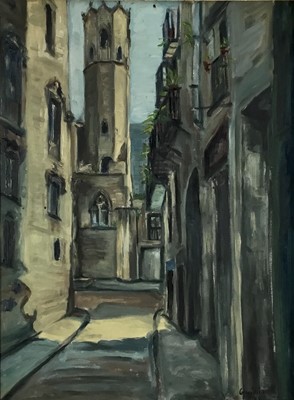 Lot 66 - Spanish 20th century oil on canvas, Barcelona Street scene, signed, 60cm x 45cm, framed