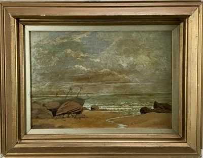 Lot 112 - ? F Waters, oil on board - The Wreck, 26cm x 37cm, behind glass in gilt frame