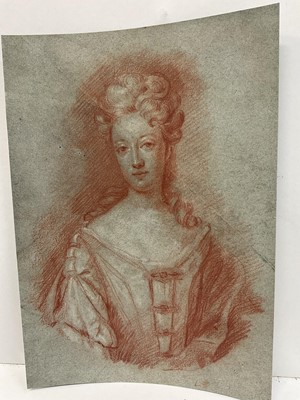 Lot 90 - After Godfrey Kneller, red chalk, Portrait of the Duchess of Marlborough, 26 x 18cm