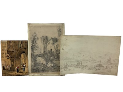 Lot 92 - Follower of Samuel Prout, watercolour, Continental street scene, 23 x 15cm, and two further Continental works on paper. (3)
