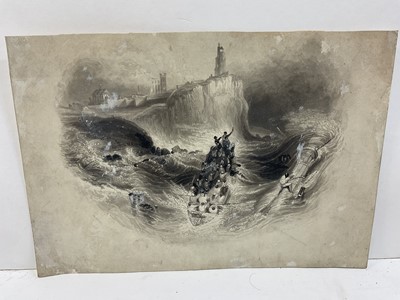 Lot 93 - English school, 19th century, pen and monochrome wash, lifeboat rescue off Whitby, 16 x 22cm