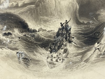 Lot 93 - English school, 19th century, pen and monochrome wash, lifeboat rescue off Whitby, 16 x 22cm