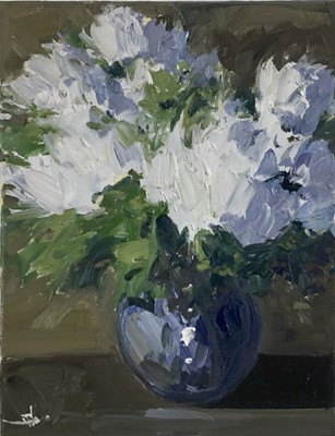 Lot 148 - Vivek Mandalia, oil on canvas - White flowers in a vase, monogrammed,  also certificate verso, unframed. 36 x 28cm.