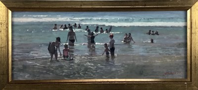 Lot 209 - Peter Z. Phillips, oil on canvas - Figures swimming and playing in the sea on a sunny day, signed, in gilt frame. 20 x 50cm.