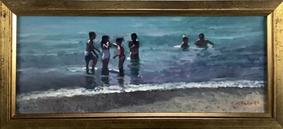 Lot 208 - Peter Z. Phillips, oil on canvas - A family playing and swimming at the beach, signed, in gilt frame. 20 x 50cm.